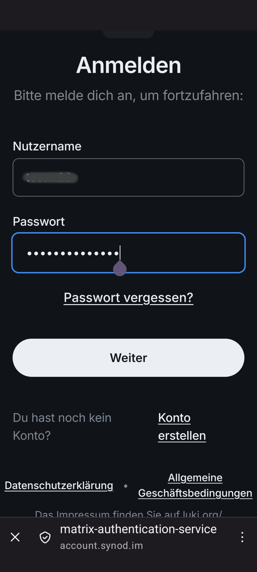 Screenshot Nutzername und Passwort
