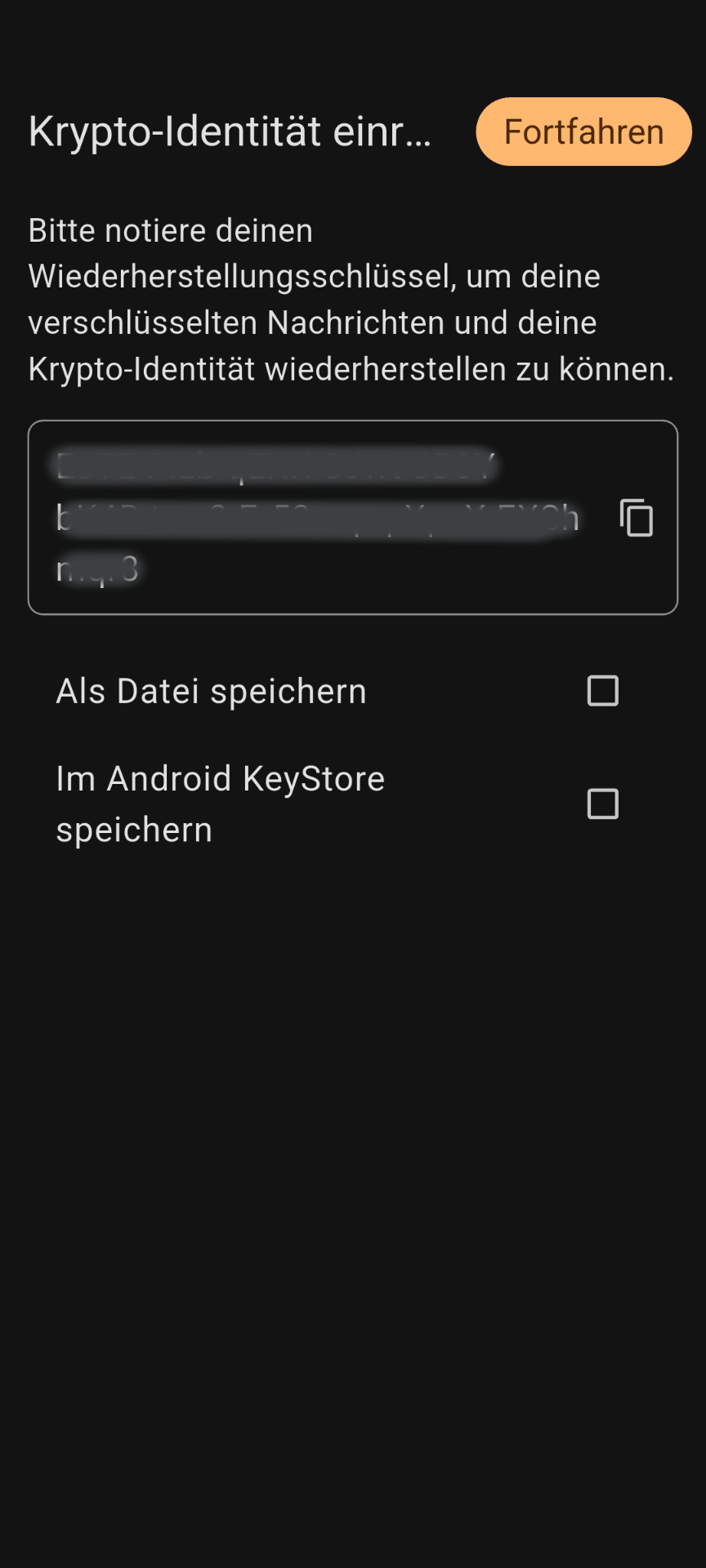 Screenshot FluffyChat Wiederherstellungsschlüssel