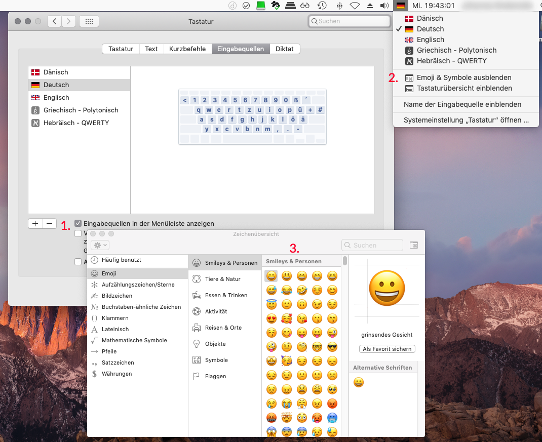 Drei Schritte für das Fenster, um auf einem Mac Emojis auszuwählen.