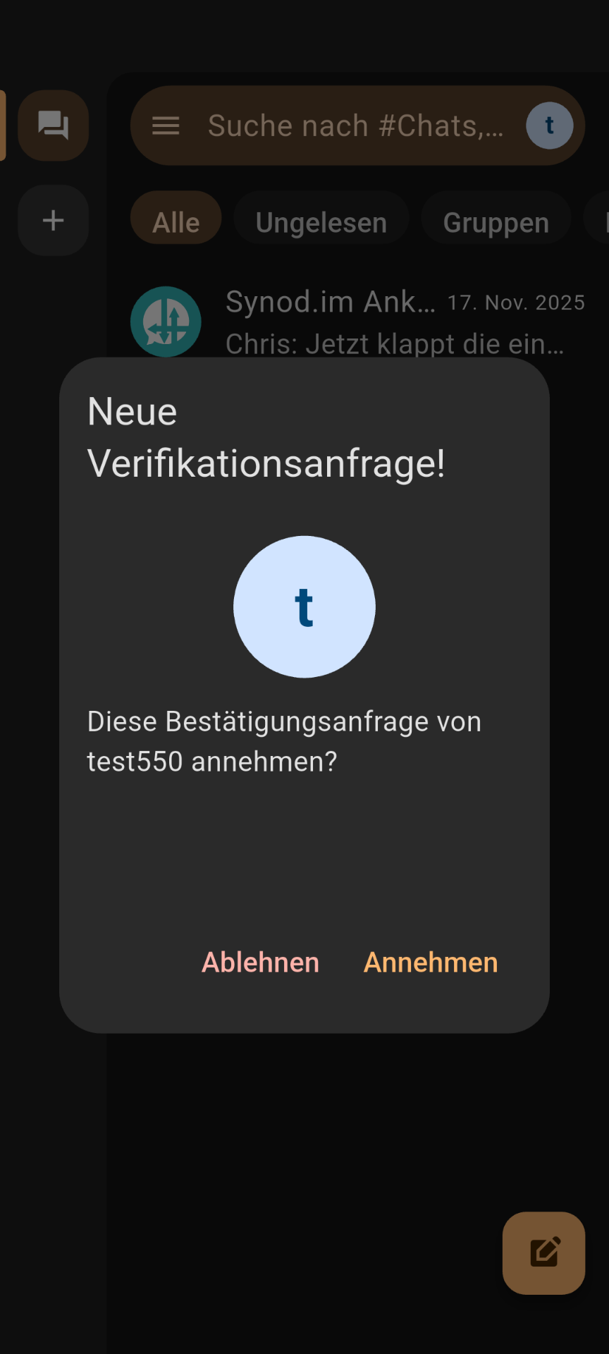 Screenshot Verifikationsanfrage